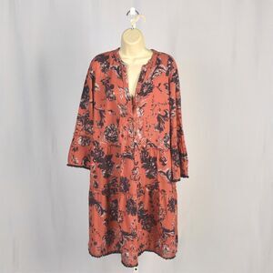 Lola Australia Orange Hippie Chic Tiered Floral Dress Bell Sleeve Size XL
